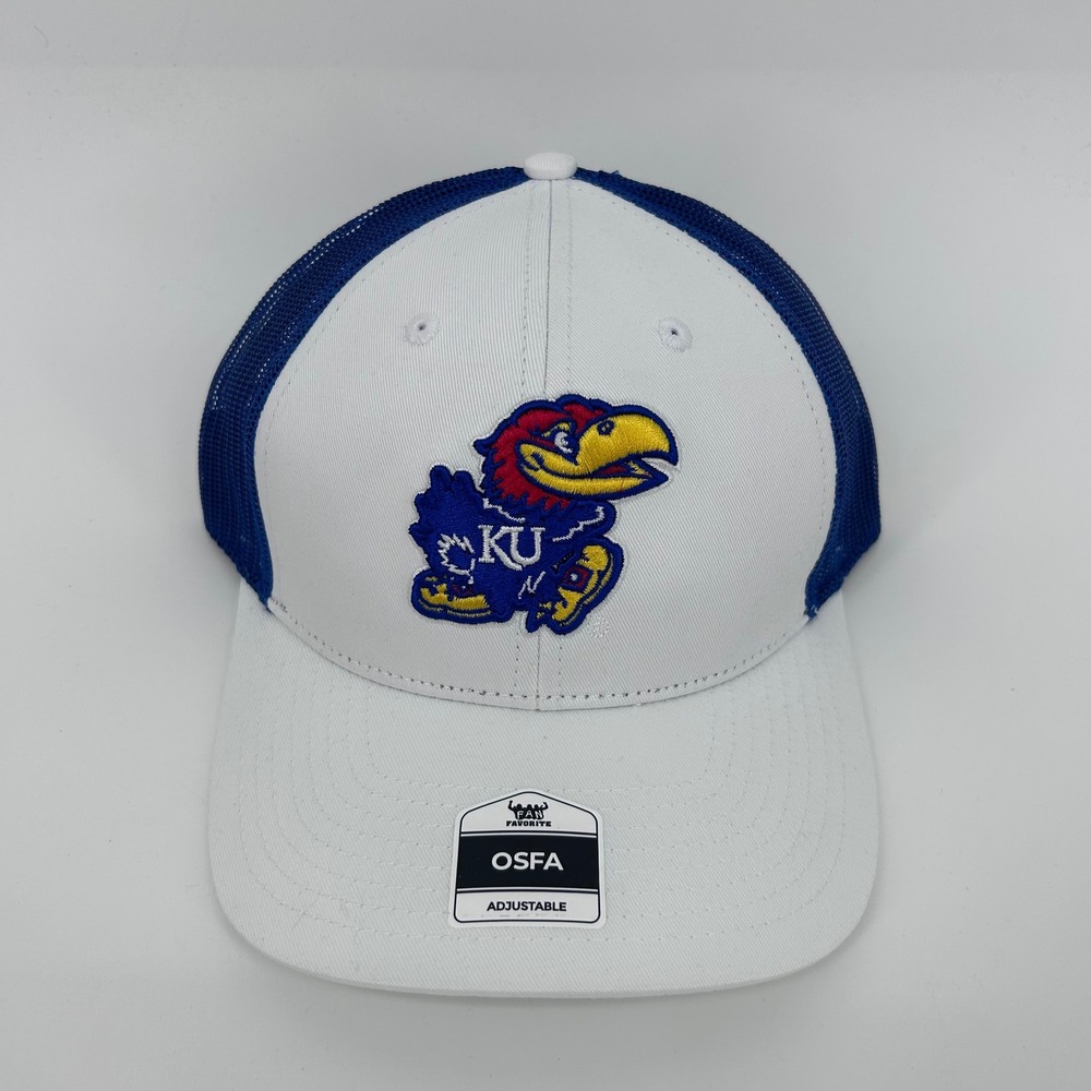 Fan Favorite Kansas Jayhawks Trucker Hat White Blue Snapback OSFA Big Jay Logo